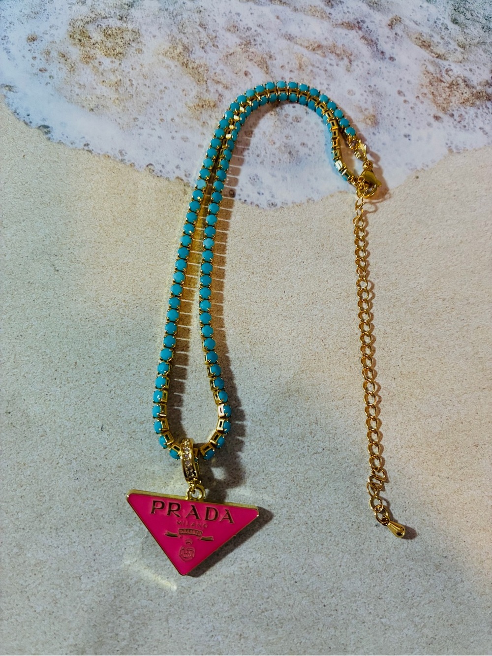 Unbranded Gold Chain Necklace with Turquoise Beads and Pink Triangle Pendant